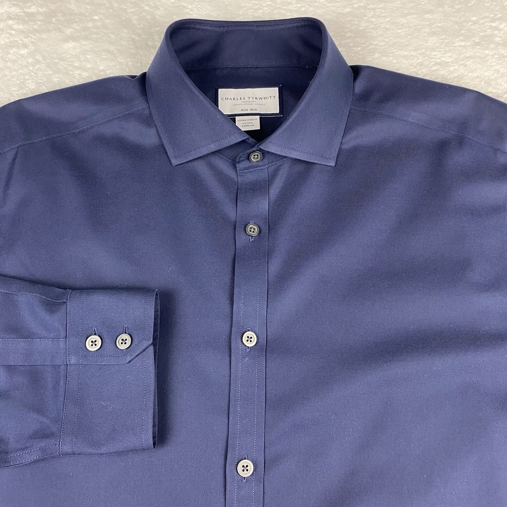 Charles Tyrwhitt Dress Shirt Mens 17-34 Navy Blue Extra-Slim Fit No Iron